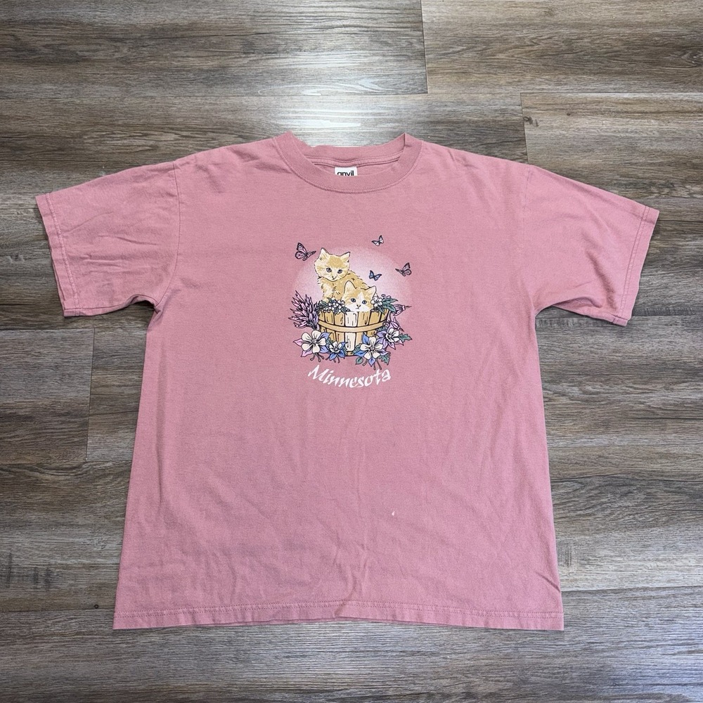 VTG Anvil Tag Pink Graphic Shirt Womens M Kittens Floral Basket Minnesota Print